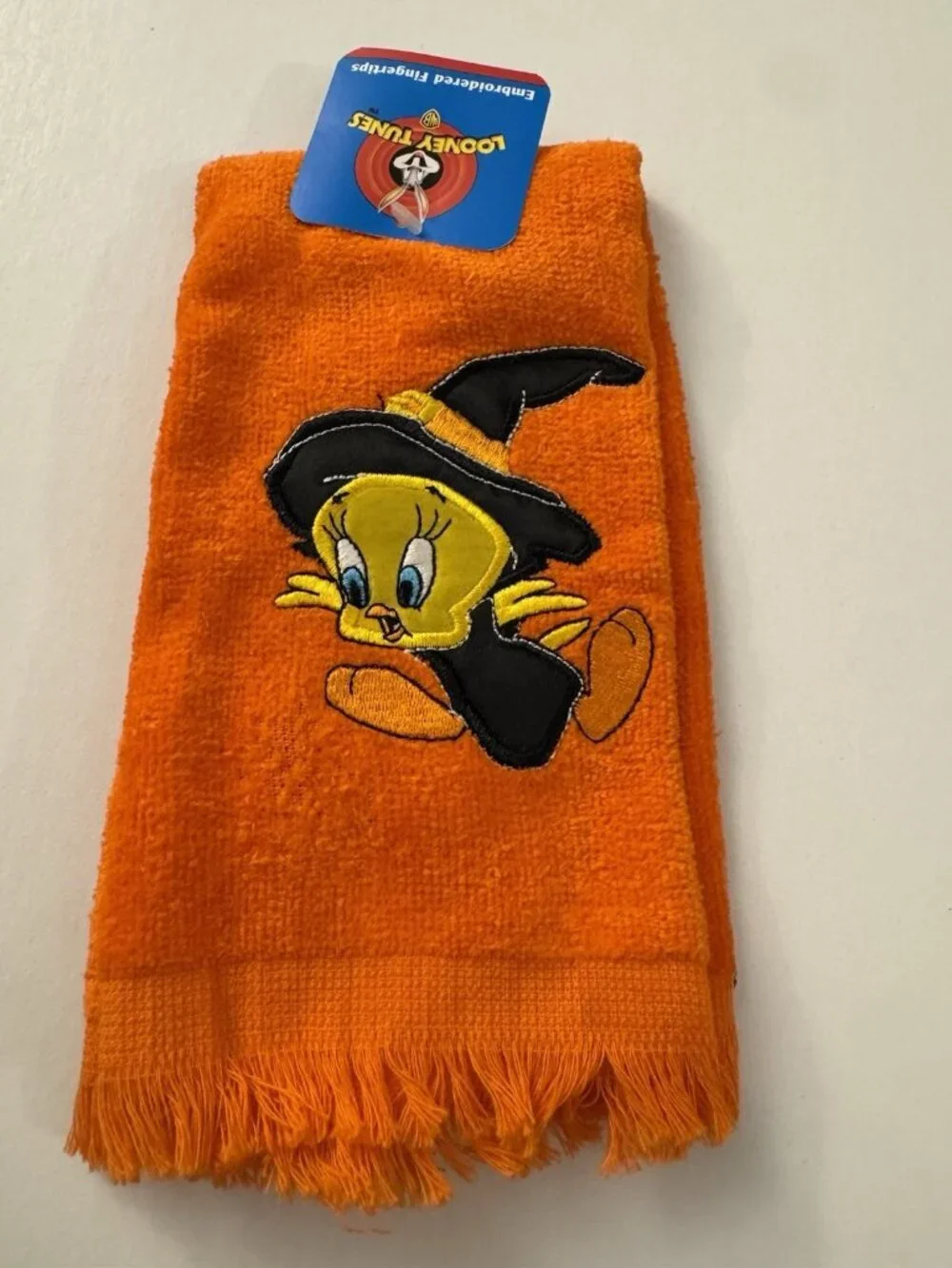Vintage Looney Tunes Tweety Bird Halloween Witch Tea Hand Towel Orange 1997 D11